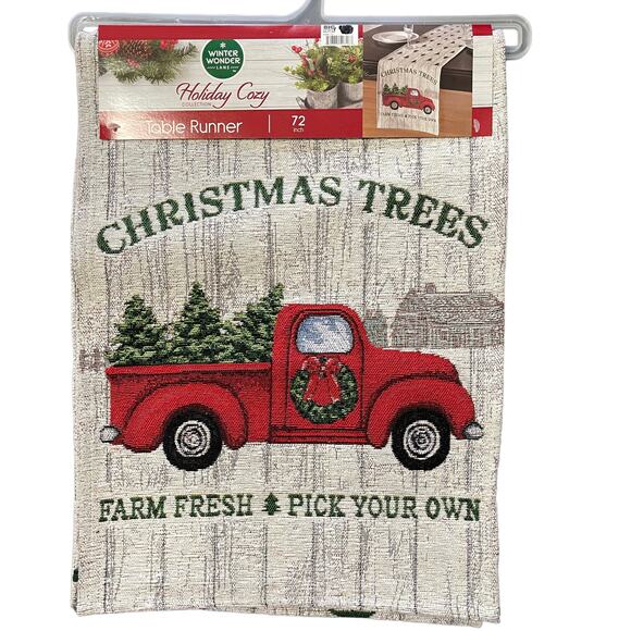 Winter Wonder Red Truck Christmas Table Runner 13" Wide 72" Long - Picture 1 of 4